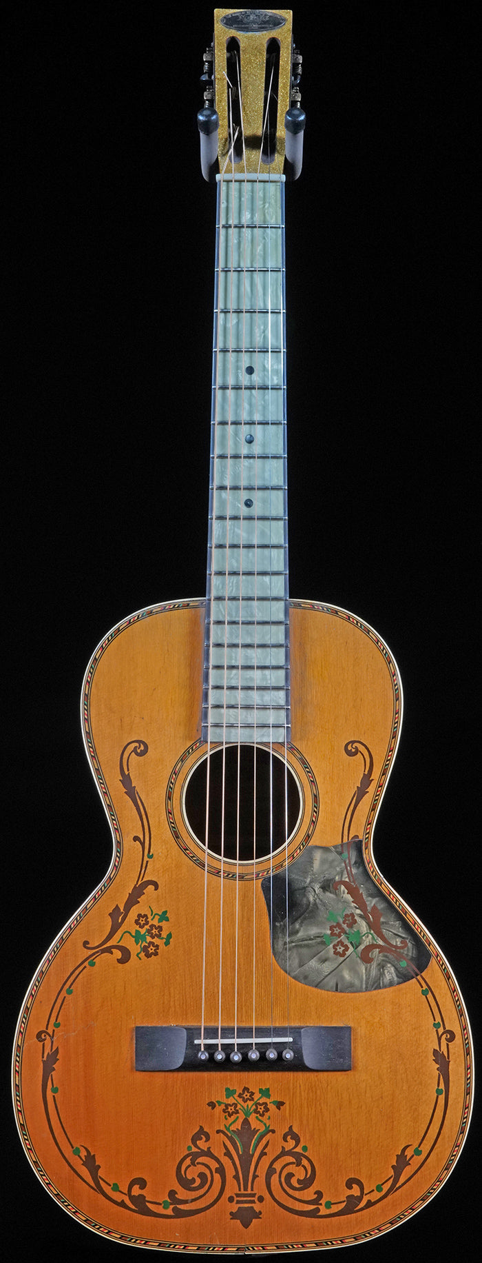 Antique - 1920 - 30's, Hamilton RW&Co. Acoustic Parlor 6 String Guitar..  Black/Artwork/Pearloid